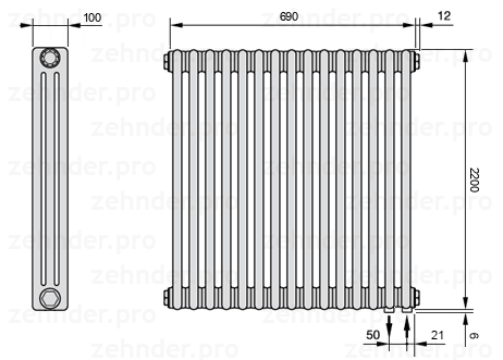 Схема (чертеж) Радиатор Zehnder Charleston 3220/15 №5510 Белый глянцевый RAL 9016
